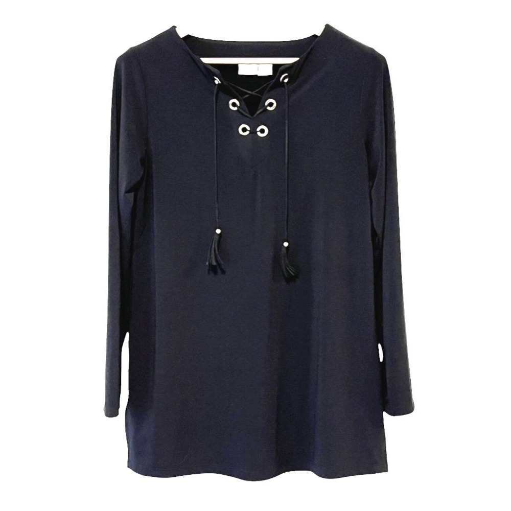 CHICO'S TRAVELERS Black Knit Top Tunic GOLD GROMMETS LACE-UP Tassels Ties M/1